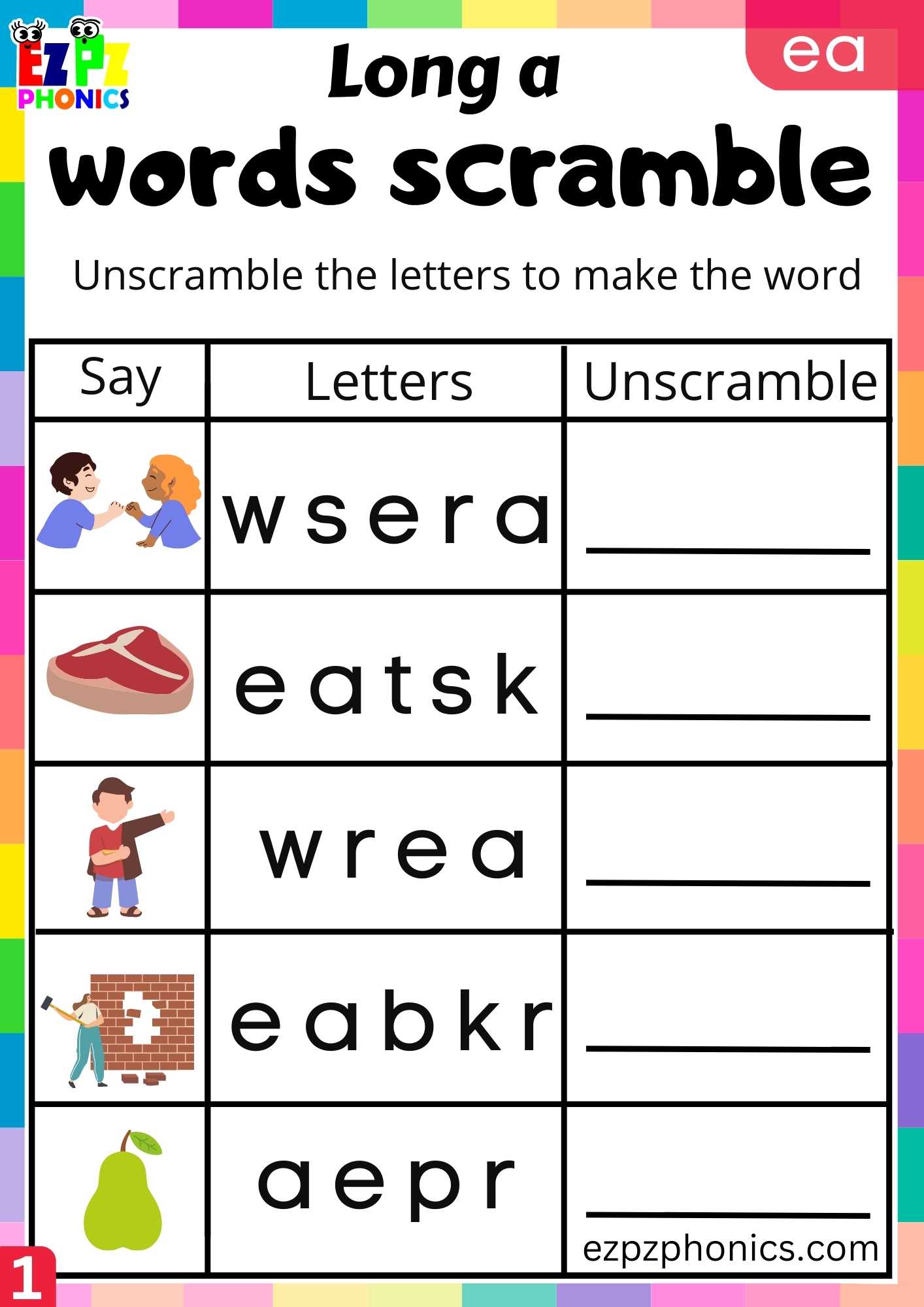 EA Words Words Scramble Long A Phonics Worksheet